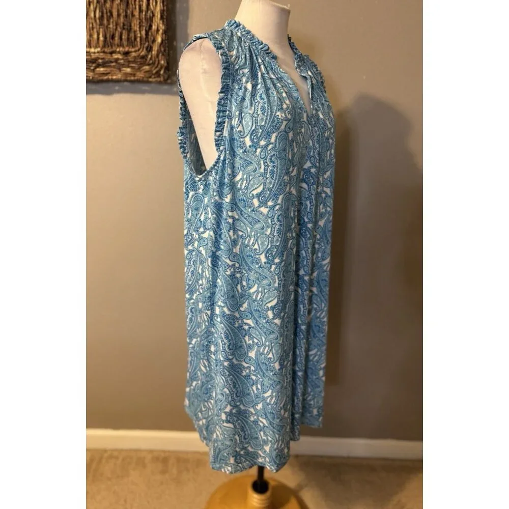 Michael Kors Shift Dress 1X Blue White Paisley Sleeveless Stretch Career Church